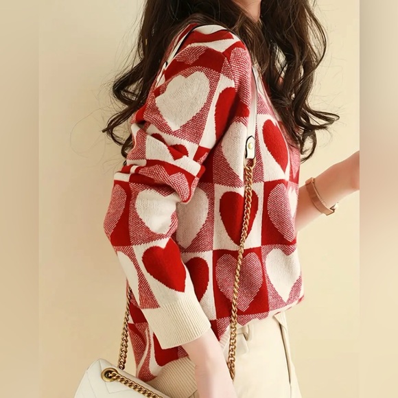 New Heart Pattern Knitted Pullover Sweater, Cotton Wool blend XL - Picture 5 of 12